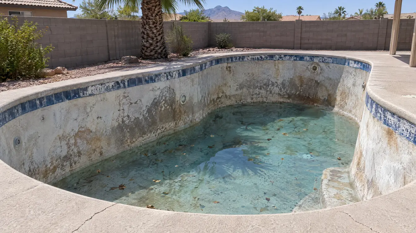 Partly drained pool with stained, worn old plaster due for a resurface