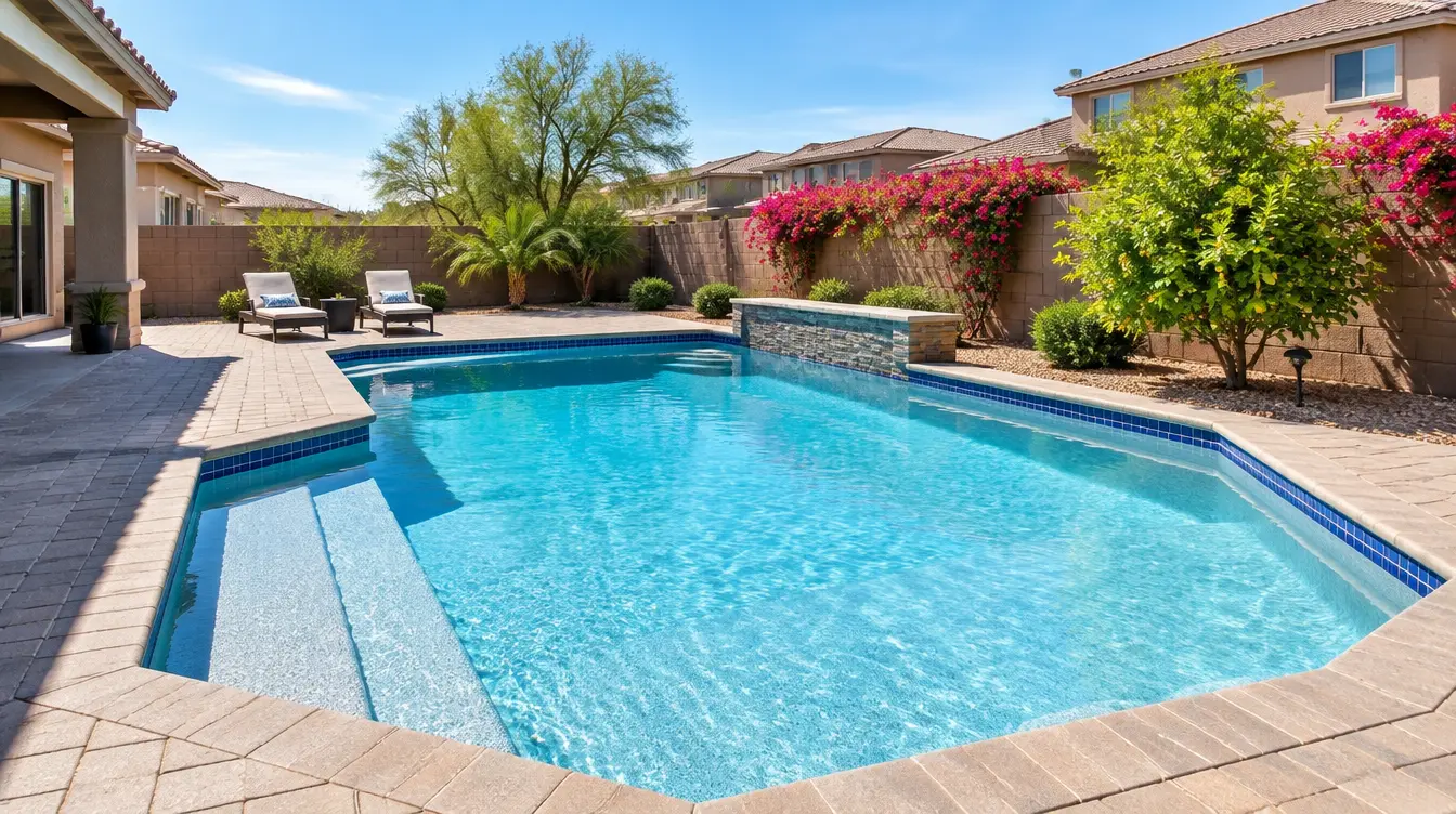 Newly resurfaced light blue pool in a neighborhood backyard