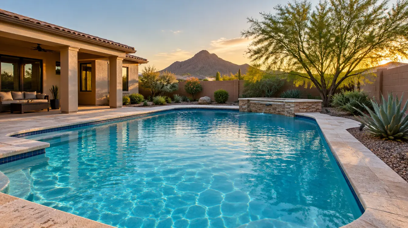 Freshly resurfaced backyard pool at a Phoenix home with desert landscaping and a mountain at sunset