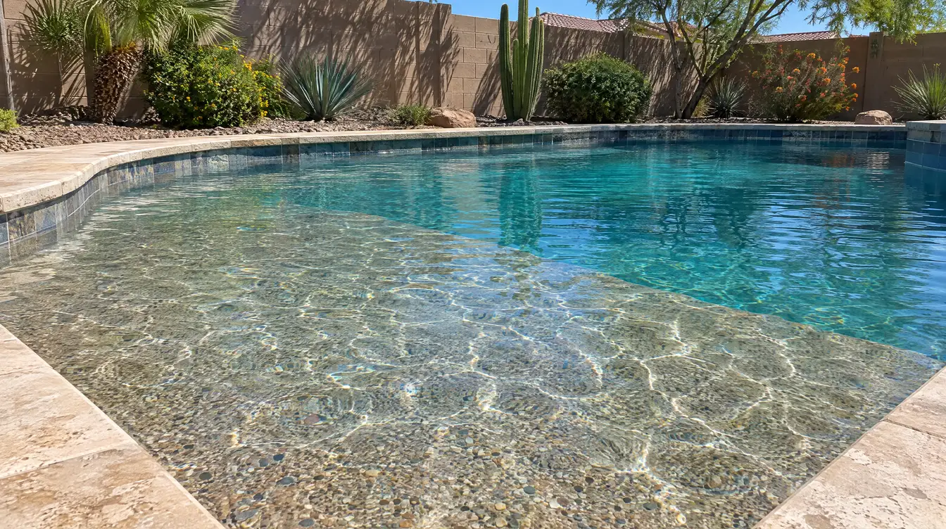 Tan and gray pebble finish on a pool sun shelf under clear water