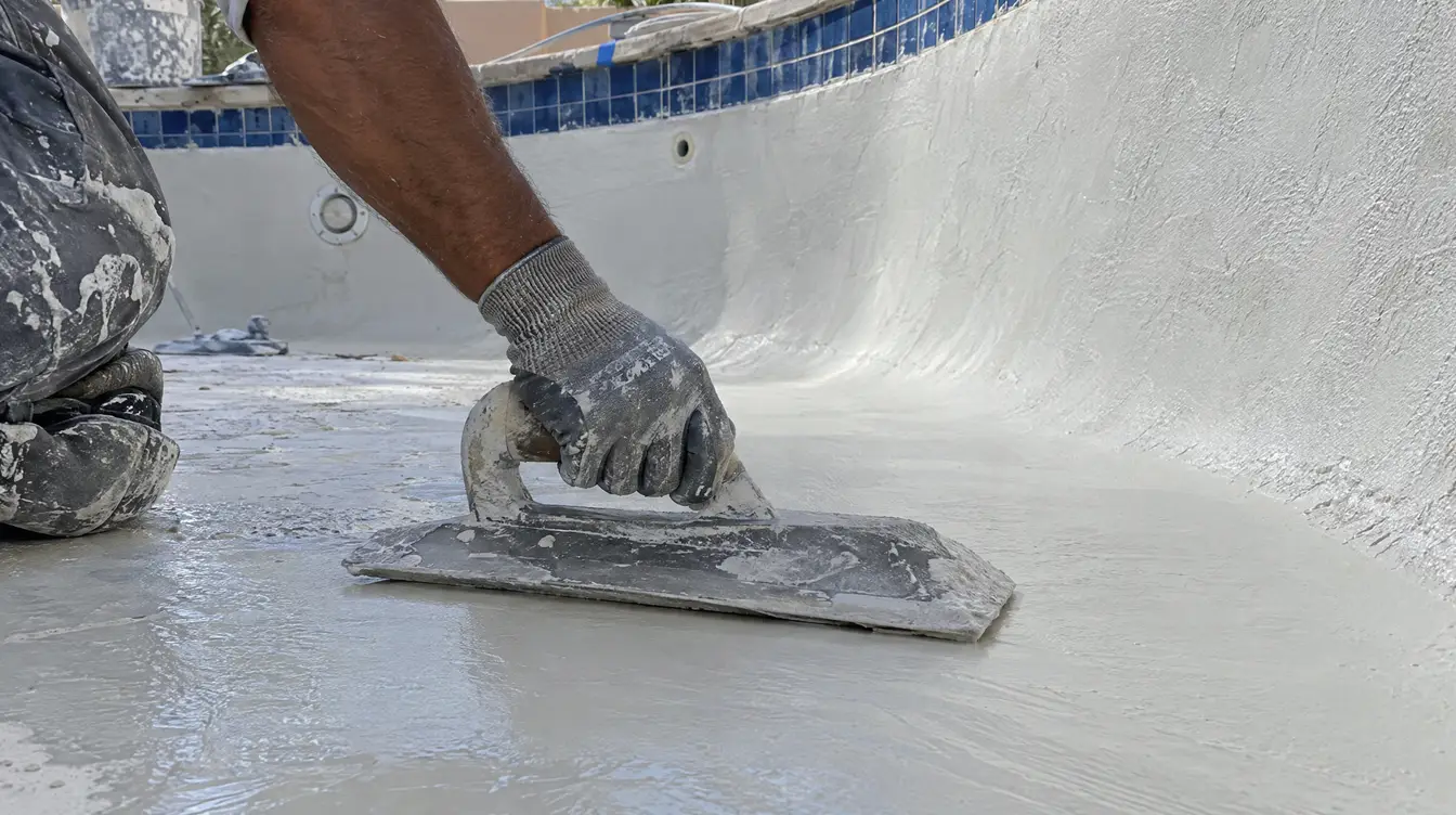Gloved hand troweling fresh white plaster in a drained pool