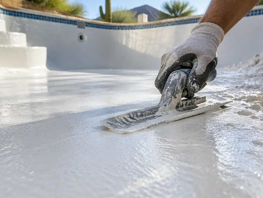 A gloved hand smoothing fresh white plaster on a pool floor with a trowel