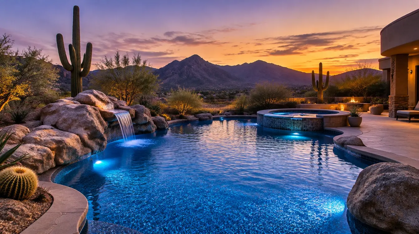 Pebble finish pool at dusk with desert boulders and mountains