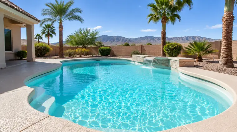 Bright white plaster pool with palm trees and mountains in a Peoria backyard