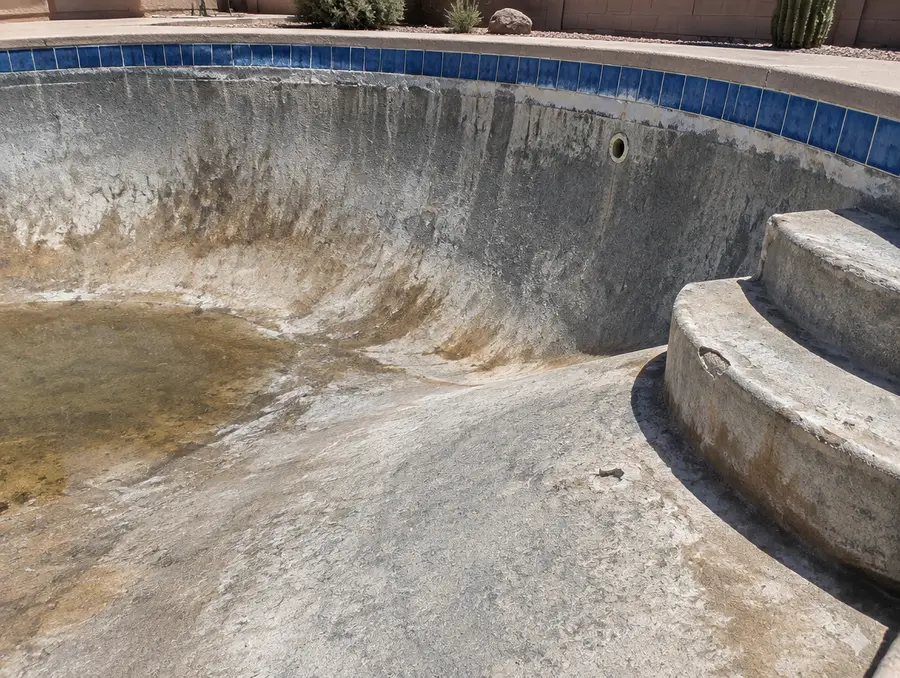 Worn, stained and etched pool plaster on the steps of an Arizona pool